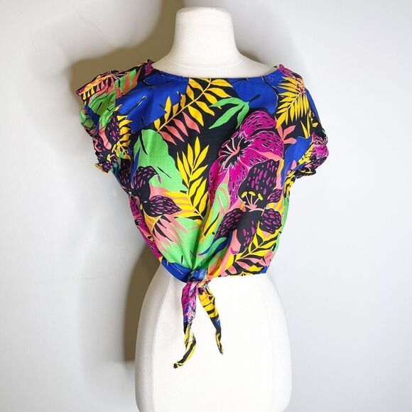 Vintage 80s XS Crop Top Tie Front Blouse Tropical Hibiscus Monstera Colorful - Picture 16 of 16